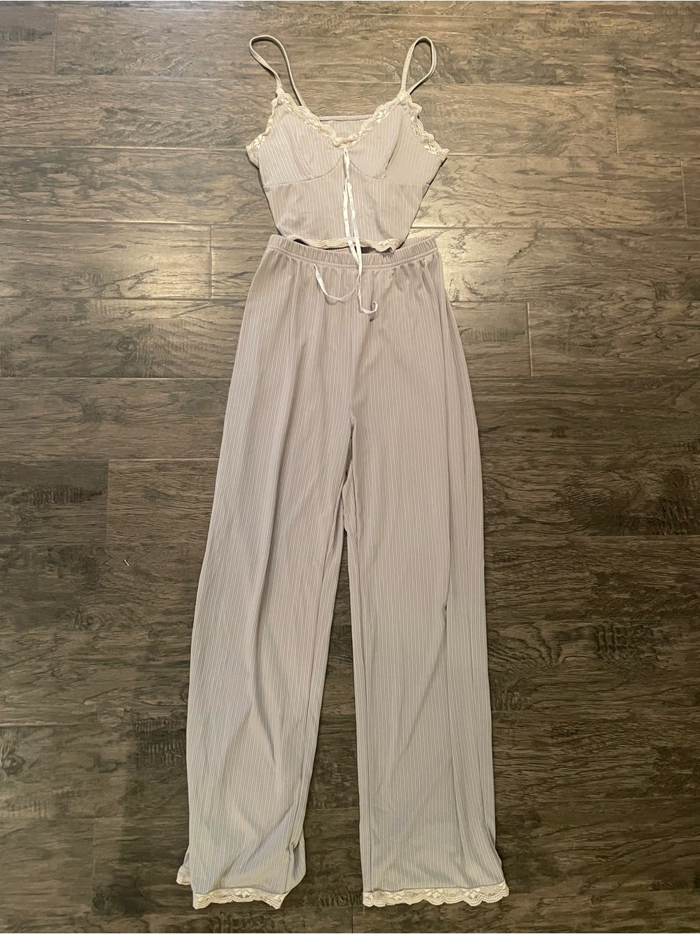 Lace-Trim Ribbed Tank & Pants Lounge Set / Pajamas - Light Gray Size Small